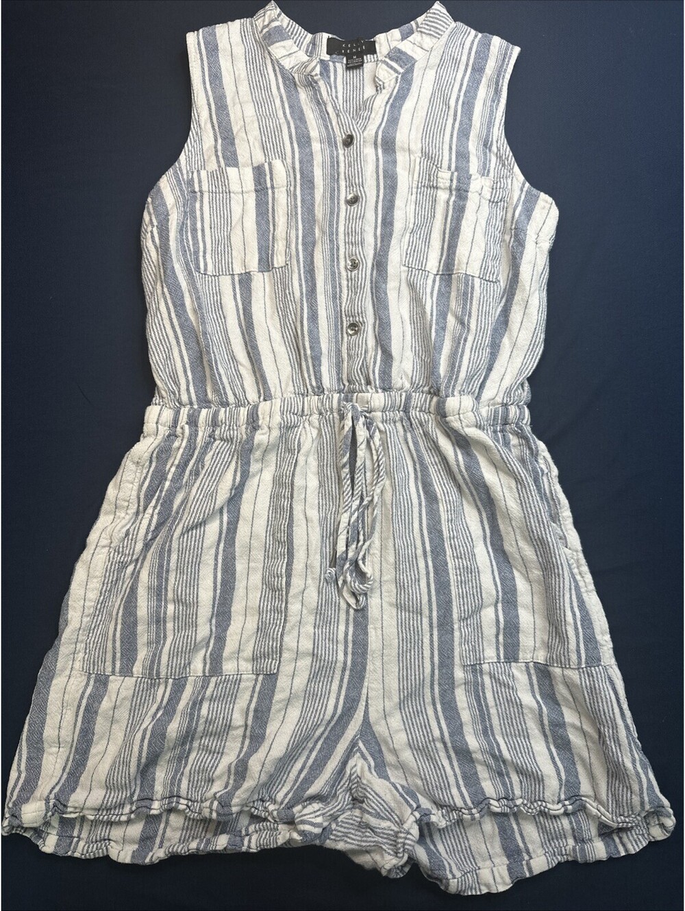 Kelly Renee Romper Women Size M Blue White striped Linen Blend Sleeveless Boho